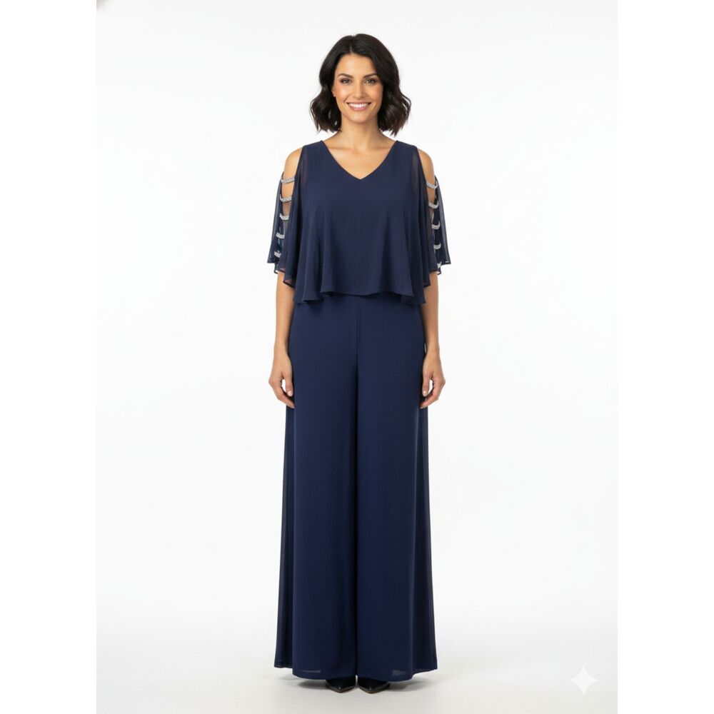 Roz & Ali Navy Blue Capelet Jumpsuit Embellished Cold Shoulder Wide Leg Sz 8
